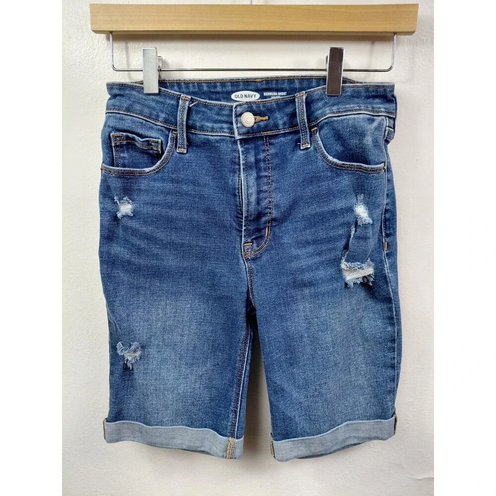 Old Navy Denim High Rise Cuffed Distressed Bermuda Shorts Women’s Size 2